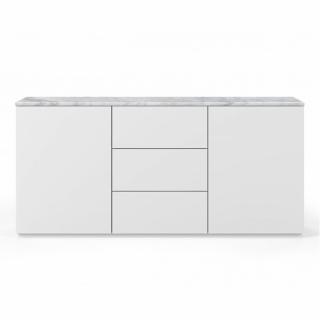 Buffet WHITY 2 blanc mat 180cm 2 portes/3 tiroirs Plateau en Marbre blanc